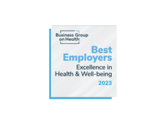  A blue and white square graphic with the words "Business Group on Health Best Employers Excellence" 