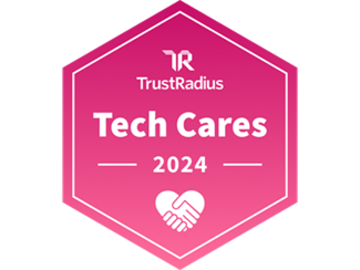 Image of a pink hexagon with a white heart and handshake in the center and the text "TrustRadius Tech Cares 2024"