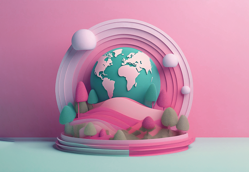 A 3D rendering of a globe on a pink background with a few hills, trees, and clouds.